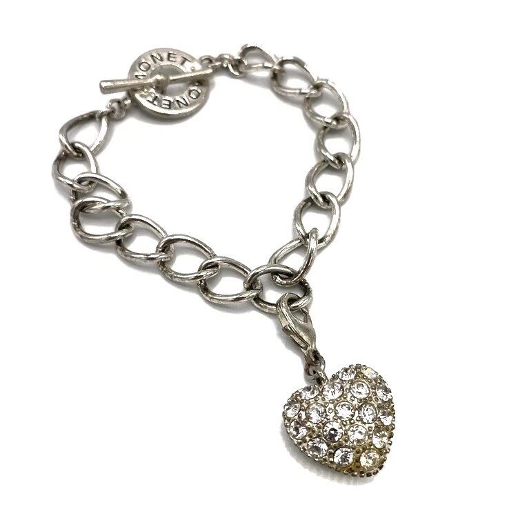 Monet Chain Link Silver Tone Charm Bracelet Rhinestone Heart Charm