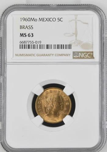 Mexico 5 Centavos 1960 Mo Brass NGC MS 63