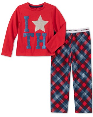 Tommy Hilfiger Girls Logo Stripe 2 Peice Pajama Set Red Multicolor XXS 2/3 NWT