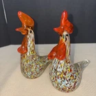 Murano Rooster Hand Blown Glass Confetti Chicken Figurine 4x6" Pair