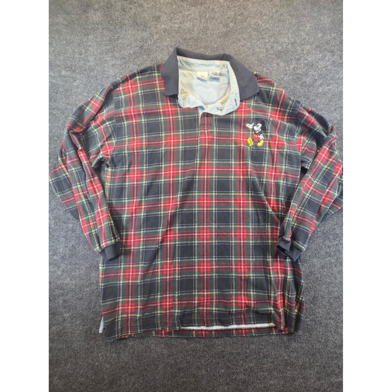 Vintage Disney Store Mickey Mouse Plaid Rugby Polo Shirt XL Red Green Long Sleev