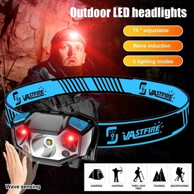 Mini Strong LED Headlamp Head Torch Wave Sensor Red Light USB Rechargeable Lamp