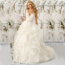 Deep V-Neck White Wedding Dresses Lace Bodice Ruffles Bridal Gown Skirt Princess