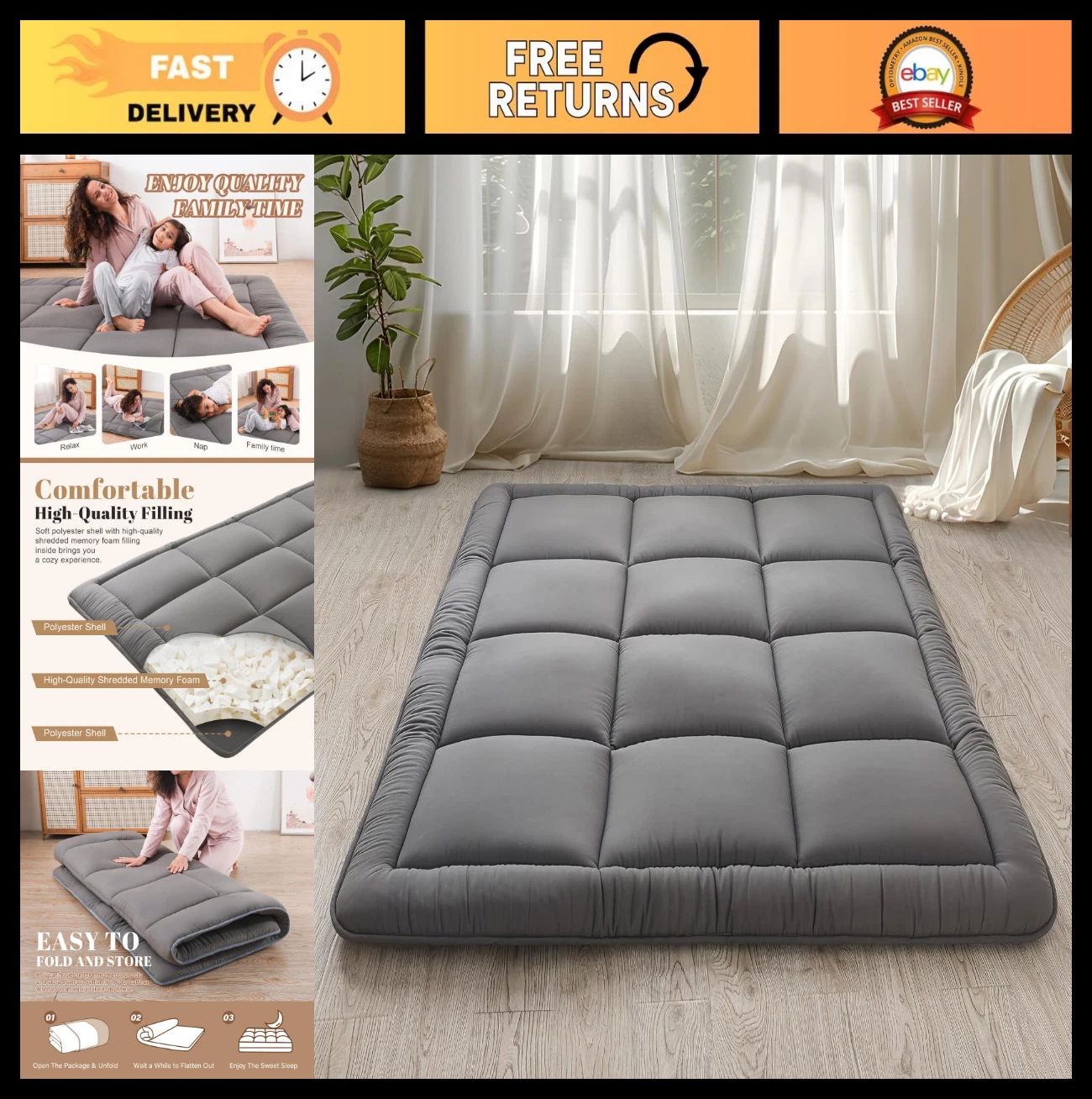 Japanese Floor Futon Mattress 3" Grey Tatami Mat, Shredded Memory Foam, Portable