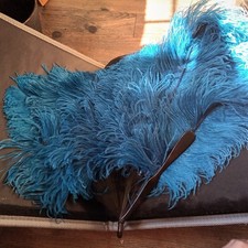 Antique Edwardian Fan Blue Ostrich Feathers Celluloid Sticks