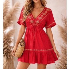 Baevely Red Boho Embroidered Empire Waist Mini Dress V-Neck Flutter Sleeve S F3