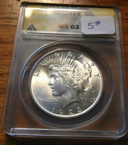 1923-P  $1 PEACE SILVER DOLLAR  "CLEAN CHEEK''  ANACS  MS - 63
