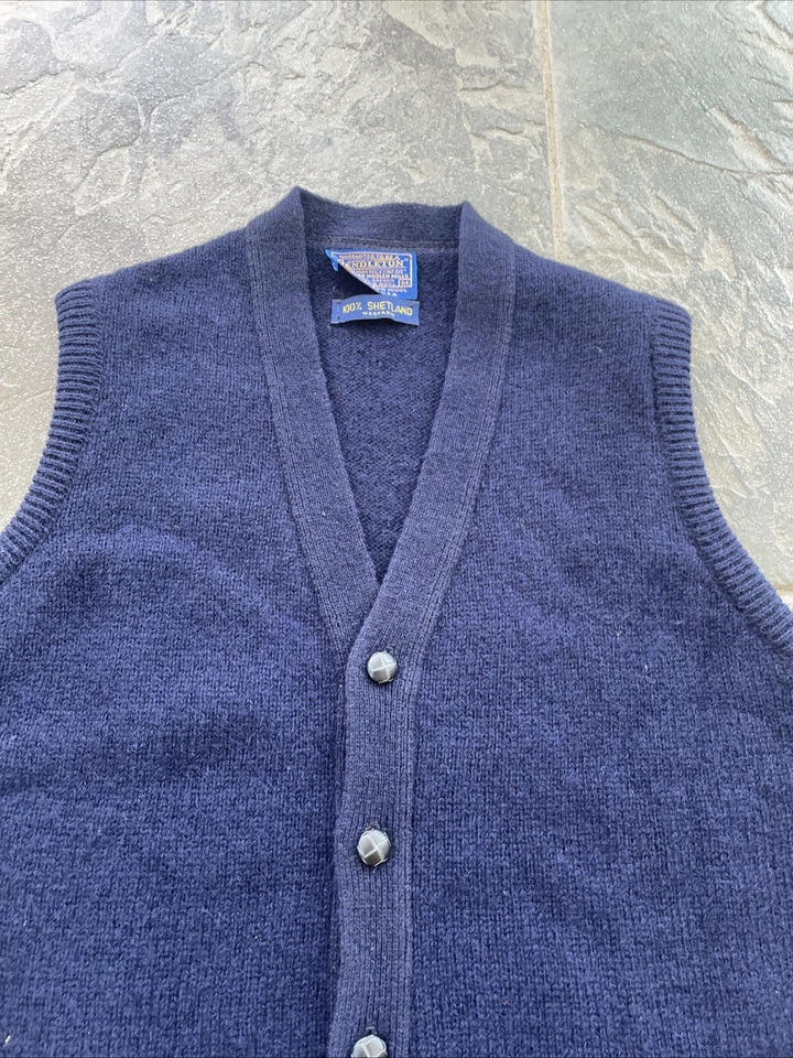 Vintage Pendleton Cardigan Vest 100% Shetland Wool Men's Size M Navy Blue Knit - Image 3 of 4