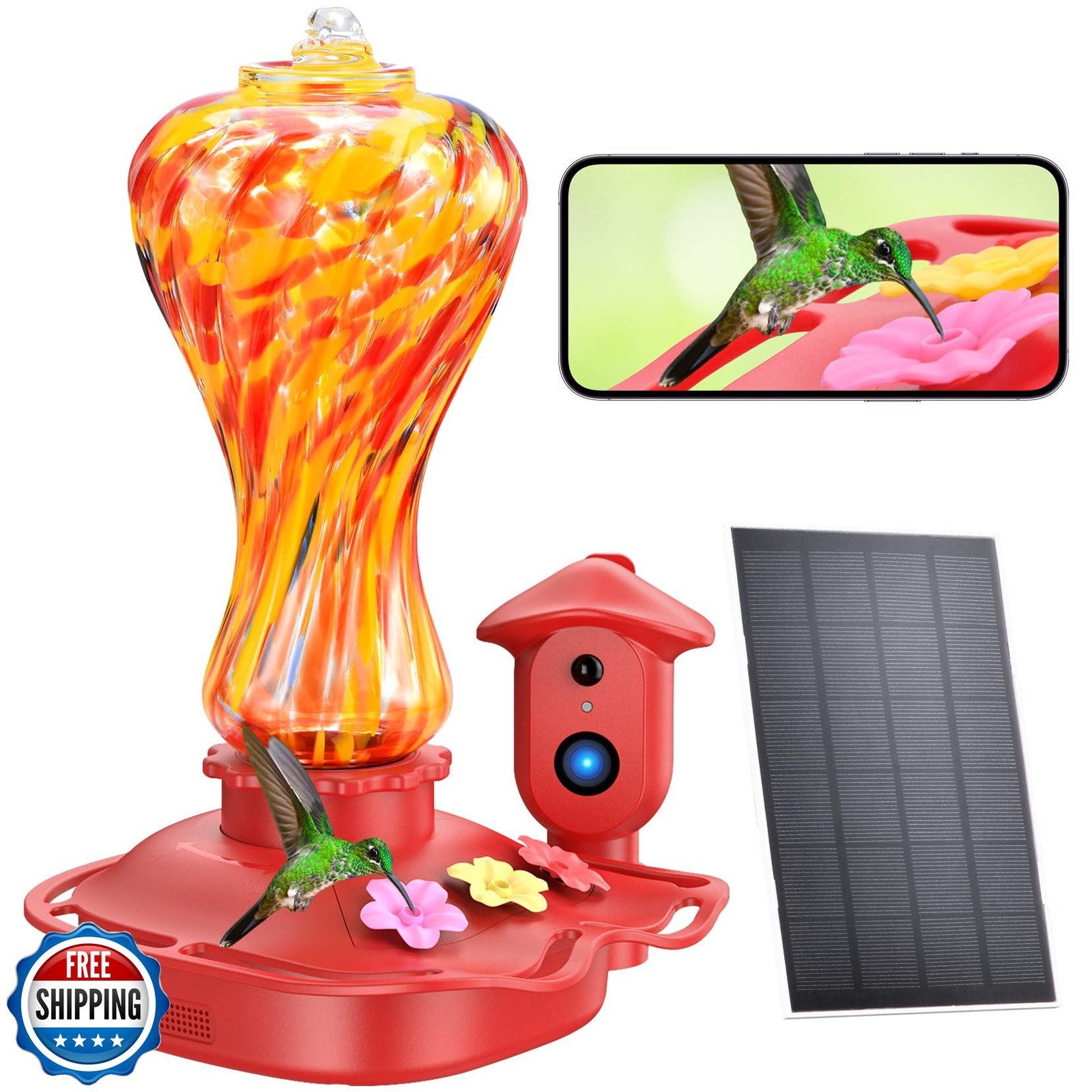 Smart Glass Hummingbird Feeder with Camera, Solar Powered 2K HD H