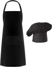 Chef Apron and Hat Set, Adjustable Adult Kitchen Apron with Butcher Hat, Baker C