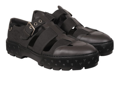 Hemres Men Item Sandals Size US 12 IT 45 Black Leather Canvas Buckle Strap