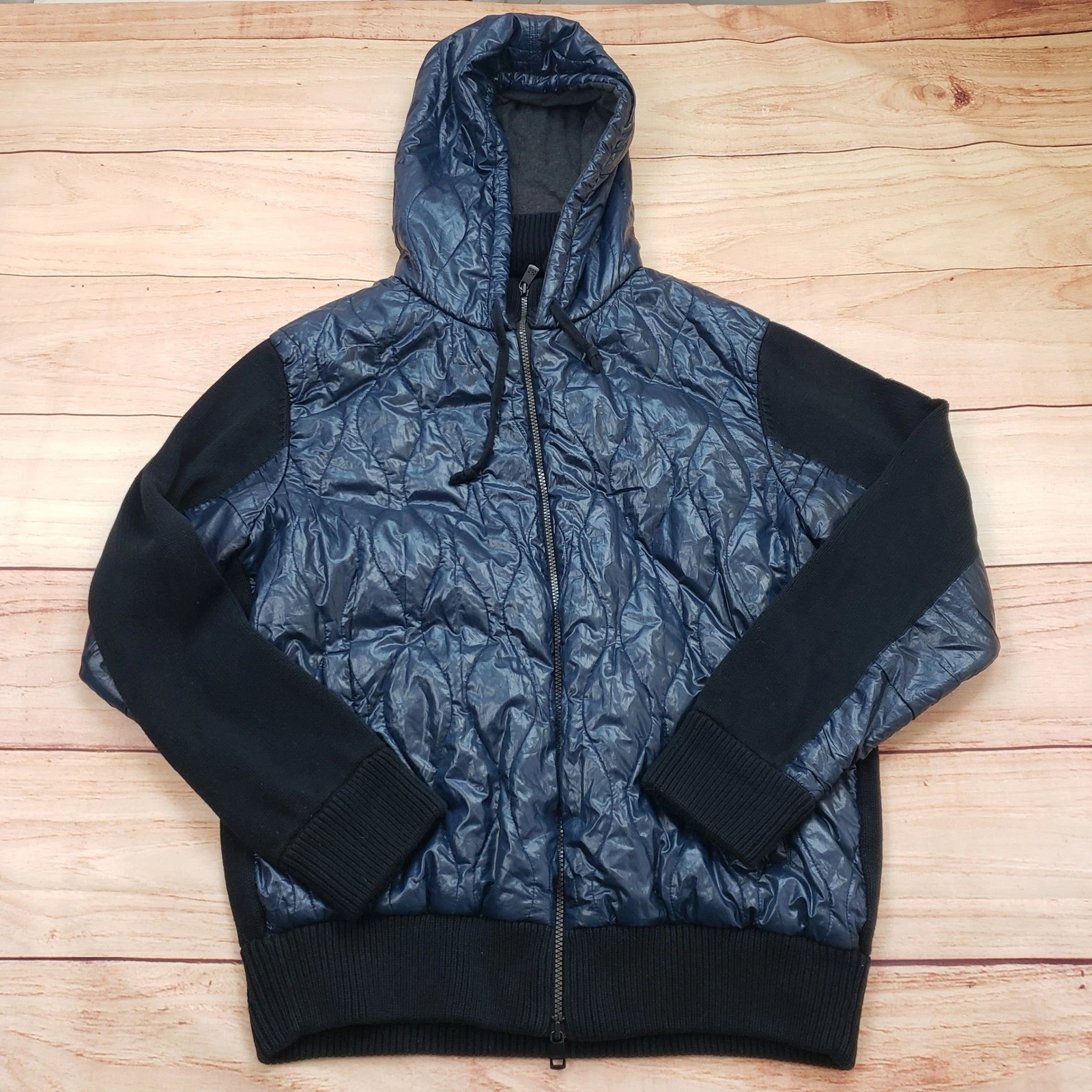 DKNY Jeans Jacket Mens Large Blue Black Puffer Hooded Knit Sleeves Zip Adult