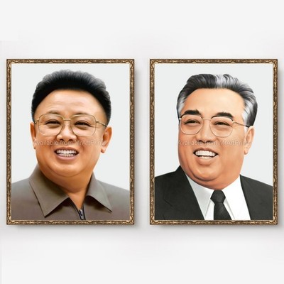 2 x NORTH KOREA LEADERS Art Print Poster Kim Il Sung Kim Jong il Korean Pictures