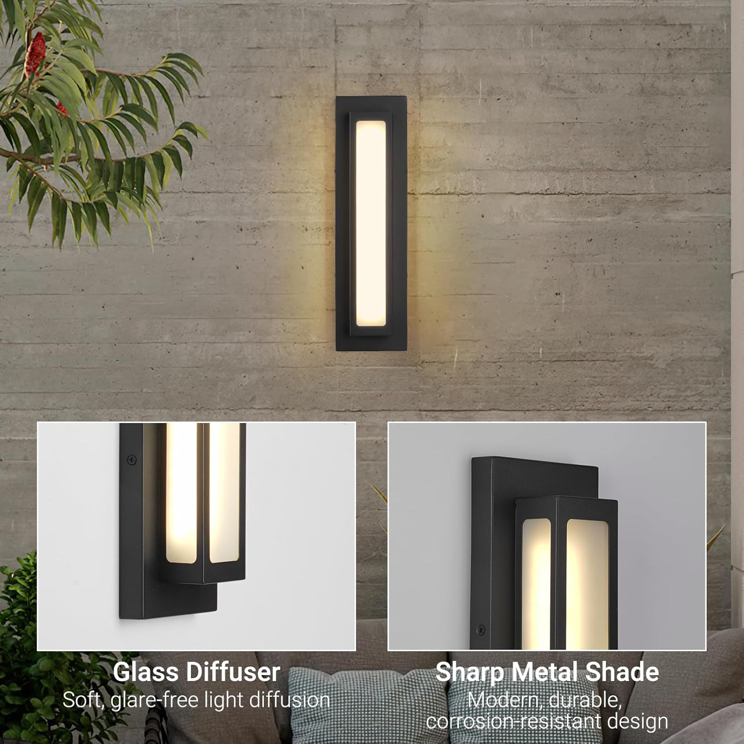 Modern LED Outdoor Wall Sconce, 16W 3000K Black Geometric Exterior Light Fixture