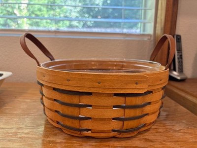 Longaberger Darning Basket Green Weave & Leather Handles 10'' w/protector signed