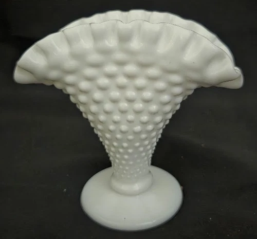 Vintage Fenton Hobnail White Milk Glass Fan Vase 4" Tall Ruffled Rim MCM