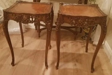 PAIR Antique French Carved Side Occasional Tables, Marquetry Inlaid Top Local PU