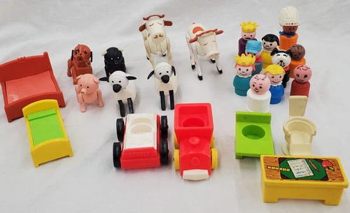 LOT Vintage Fisher Price Little People figures, animals, furniture, wood, 23 pcs