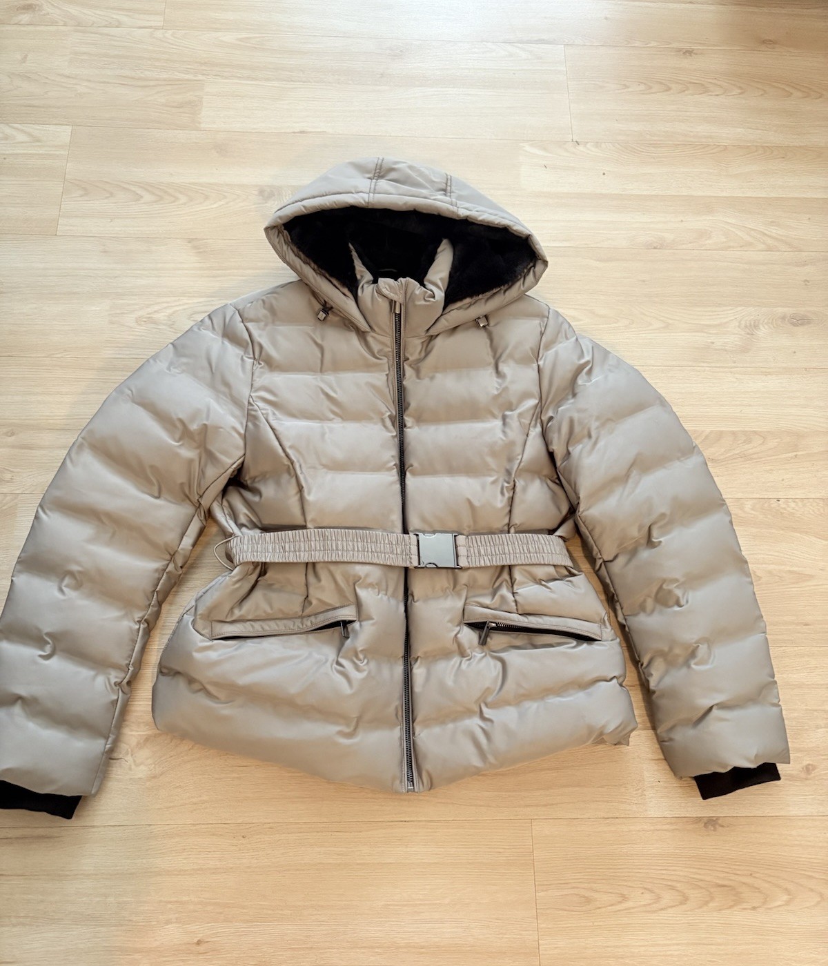 Zara Belted Puffy Jacket With Hoodie Beige/woman’s Winter Coat  Size XL NWOT