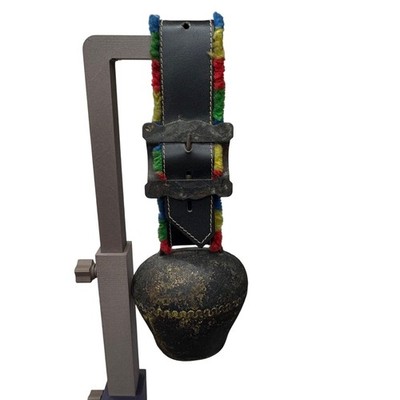 Antique Large Rustic Iron Cow Ox Bell Swiss Leather Strap Fleece Accents 4.5 