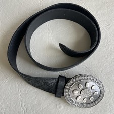 Cache Black Italian Leather Belt L Western Cowgirl Pewter Rhinestone Buckle