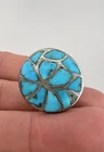 Vintage Zuni Dishta Family Sterling Silver Turquoise Flush Inlay Round Disk Ring