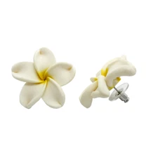Hawaiian Jewelry WHITE Plumeria Flower Flower Fimo Polymer Clay Stud Earrings