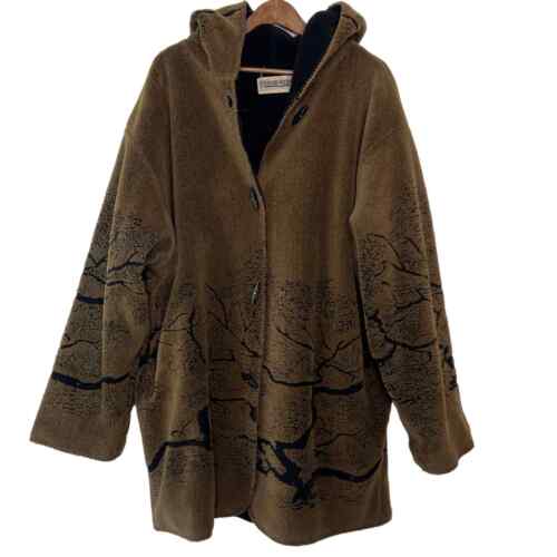 Country Woods Jacket Womens XL Brown Tree Print Heavyweight Fleece Hood Vintage - Picture 1 of 15