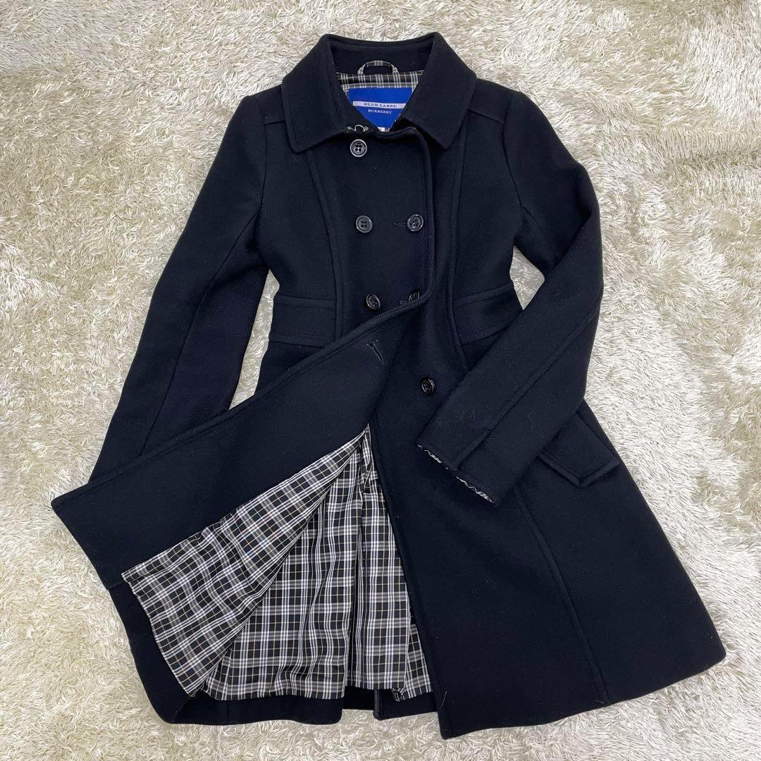 BURBERRY BLUE LABEL Long Coat Double Black Nova Check 38 Women's #D2711A