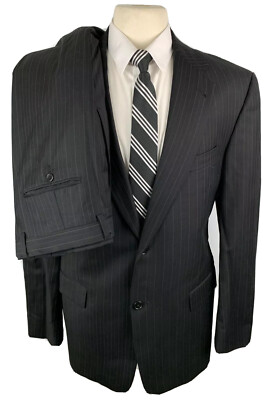 SOCIETY BRAND MENS 41L BLACK STRIPED USA WOOL 2 PIECE SUIT W/ DRESS PANTS 36X30