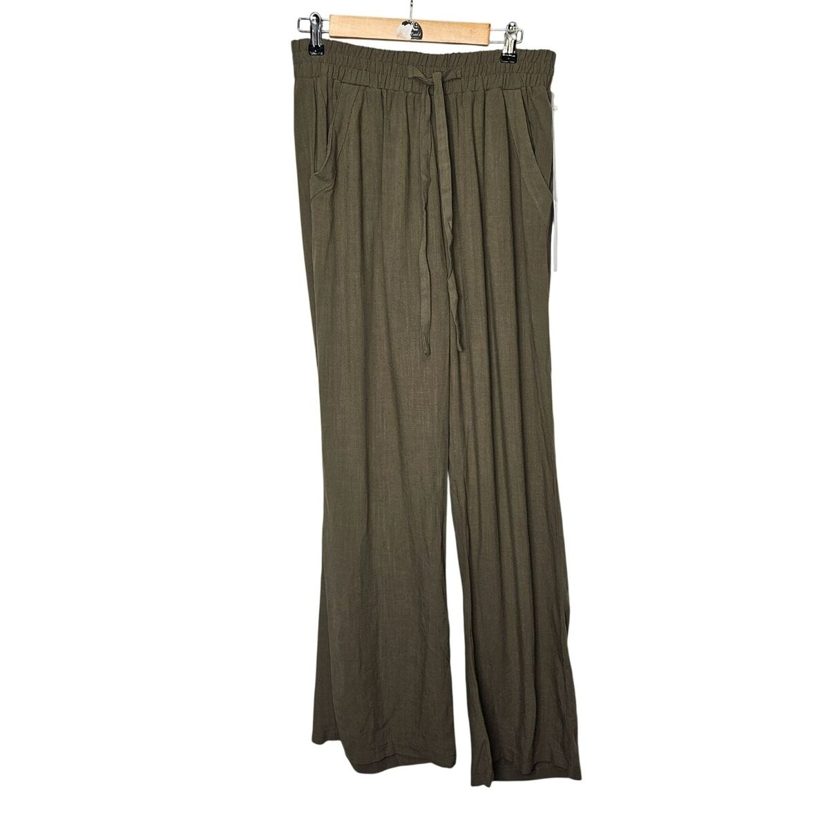 Olive Green Sienna Sky Womens Wide Leg Pants L Linen Blend Olive Green Sienna Sky Womens Wide Leg Pants L Linen Blend