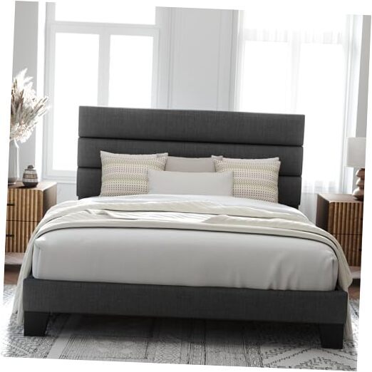 Size Platform Bed Frame with Fabric Upholstered Headboard and Queen Dark Grey