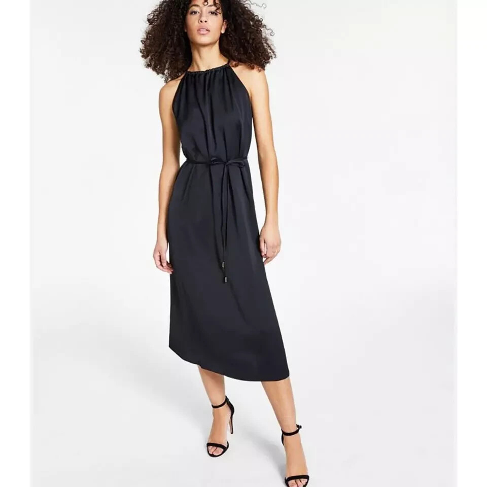INC Women's Black Satin Crepe Halter Neck Midi Dress Waist Tie Side Slits 8 NWT