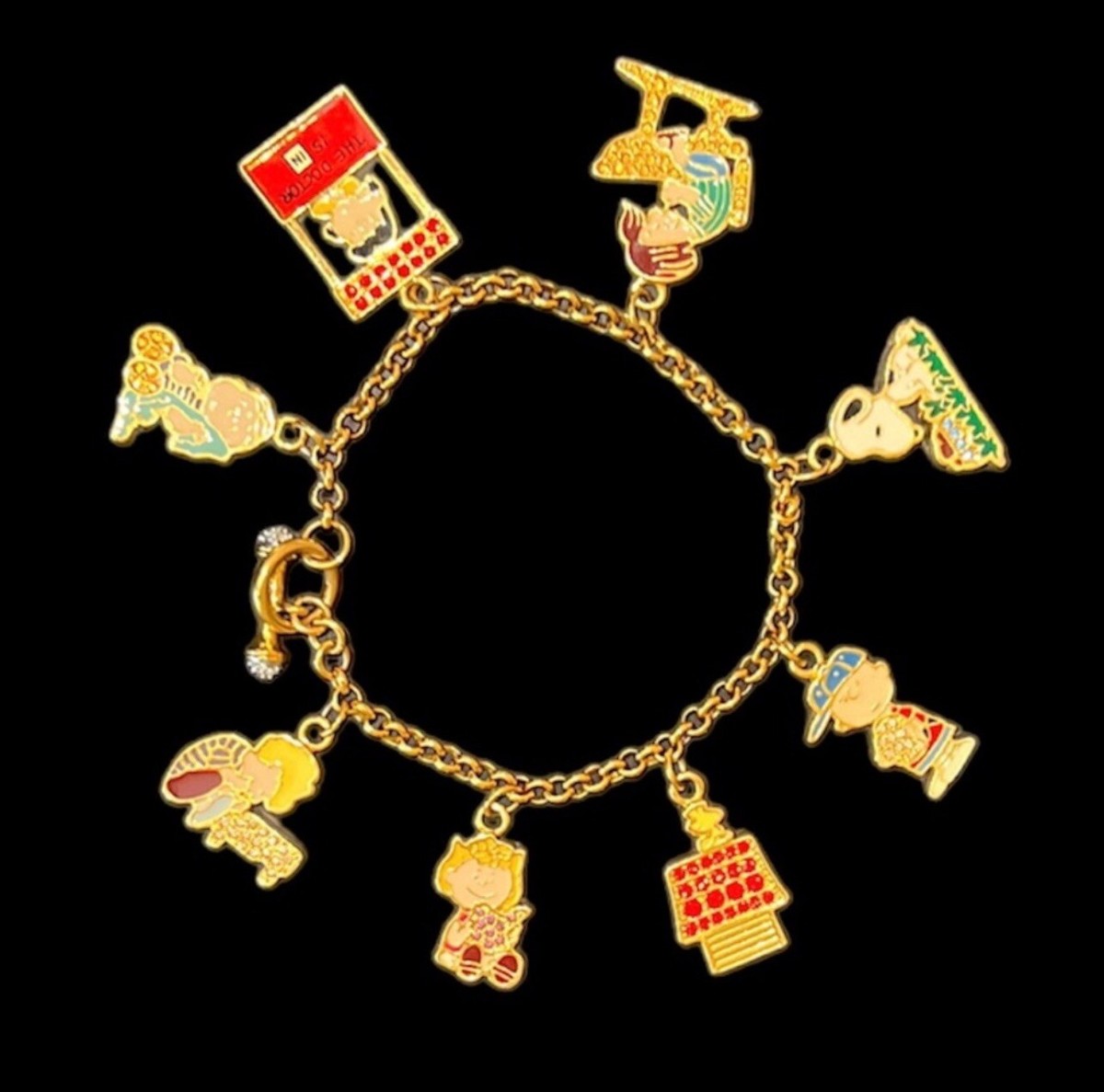 THE DANBURY MINT PEANUTS CHARMS BRACELET GOLD WITH RHINESTONE RARE