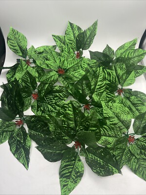 Large Green Poinsettia Clip On Christmas Ornaments Metallic Leaves Lot Of 10