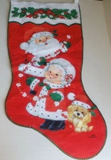 Vtg Jumbo Giant Morehead Stocking Santa Mrs Clause Puppy Dog Popcorn Garland Tag