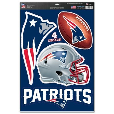 NEW ENGLAND PATRIOTS 4 PIECE MULTI-USE DECALS 11''X17'' SHEET WINDOWS CORN HOLE