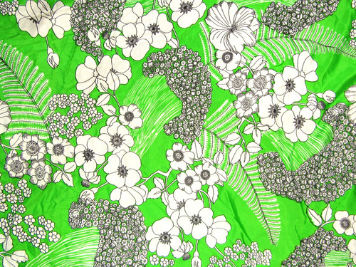 Vintage 70s S. Edwards Slinky Poly Fabric Bright Green Black White Floral 3 yds