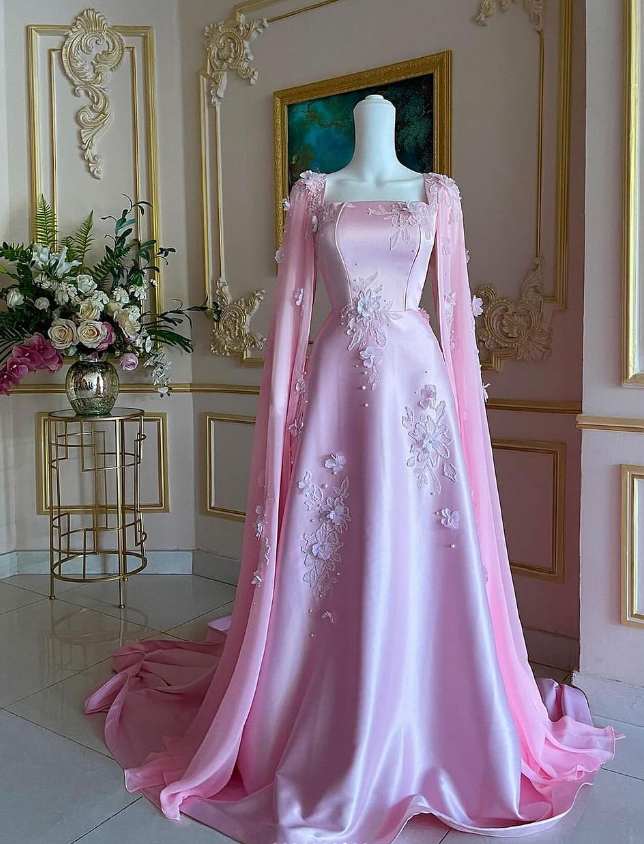 Pink Satin Wedding Dresses with Cape Lace Appliques A Line Elegant Bridal  Gowns