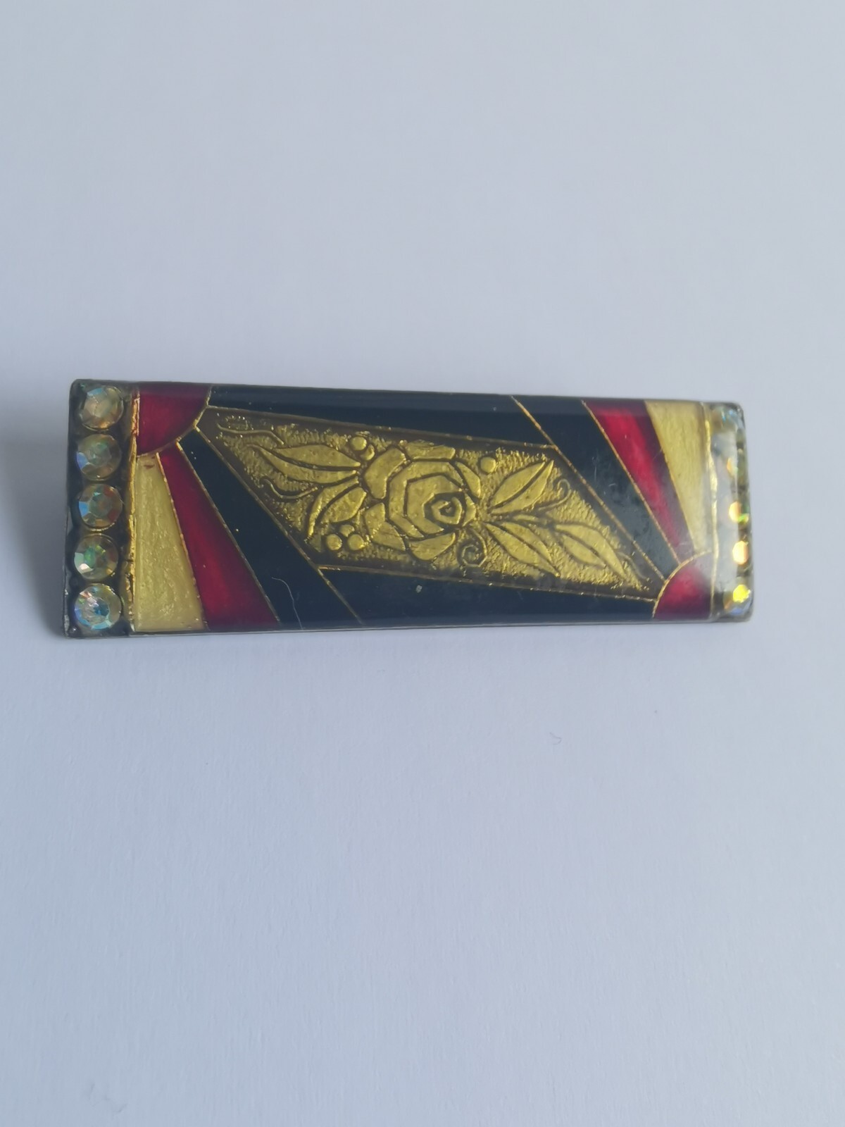 Broche Art Déco Vintage Rose émaillée - En Cuivre Doré - Travail Français