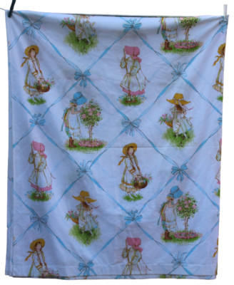 VTG JC Penny Holly Hobbie Floral Tree Basket Full Flat Sheet Double USA Stained