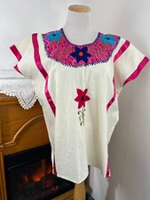 Mexican Hand Made Embroidered Ribboned Huipil Top Blouse  Medium