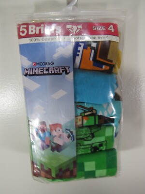 New Minecraft Briefs 5 Pack Size 4 Boys Multi Colors 100% Cotton