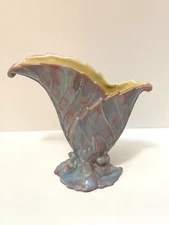 Vintage Royal Haeger Pottery R301 Double Leaf Fan Vase Pink & Turquoise Blue