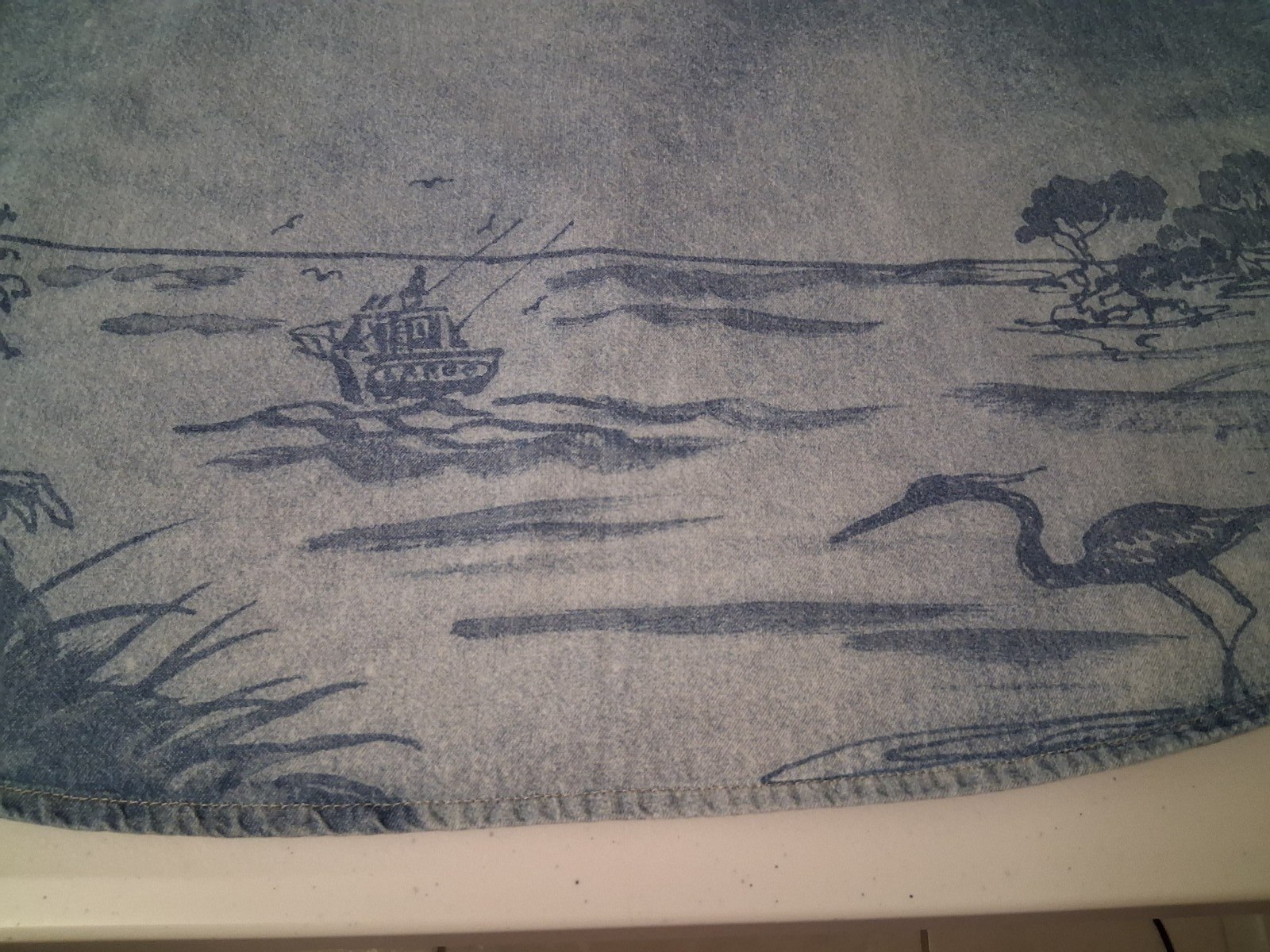 HARRITON Women's **XL Artsy Unique Denim Shirt Water Boats Birds Palm Trees