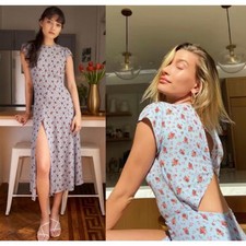 Reformation Gavin Floral Midi Dress Blue Rose Print Cutout Slit 2 Petite