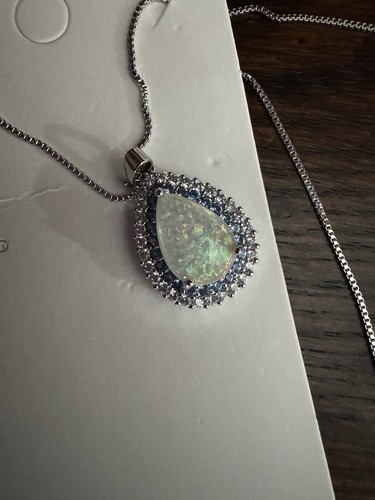 Pear Cut Fire Opal With Silver Plated Blue Rhinestone Necklace And Earrings New - Picture 4 of 12