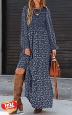 PRETTYGARDEN Women's Floral Maxi Dress, Smocked Tiered Long Sleeve Spring Dress