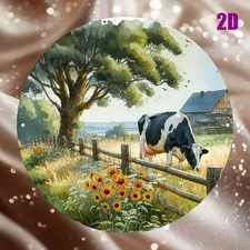 Cow Pastoral Landscape 78X78Inch Round Aluminum Farmhouse Wall Art Sign
