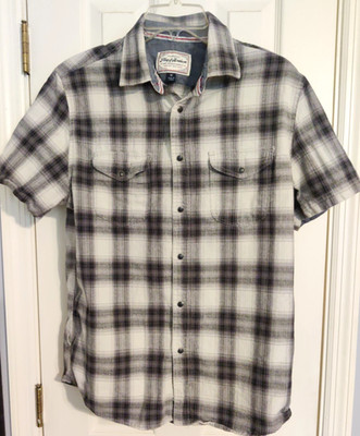 Flag & Anthem Men Sz M Plaid Button-Down Pearl Snaps Black White SS 100% Cotton